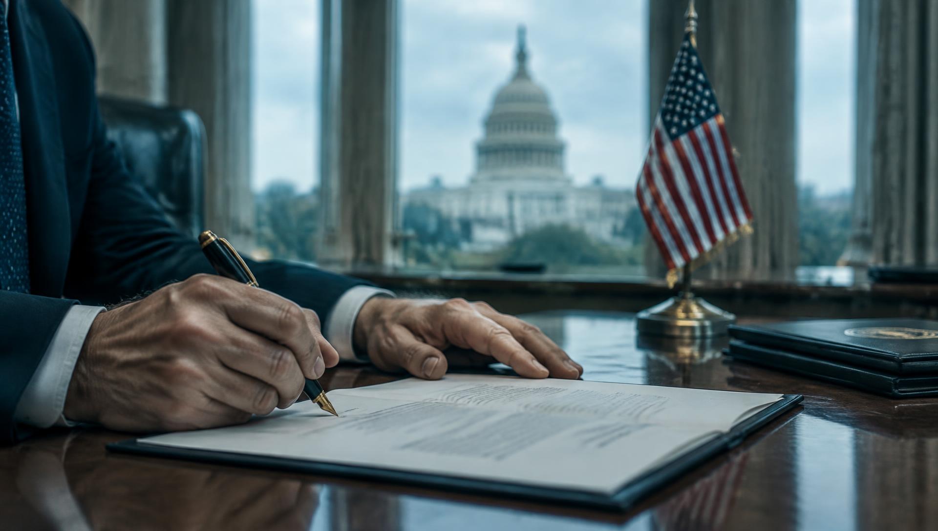 Hands signing federal legislation at a desk, with the U.S. Capitol dome visible through the window